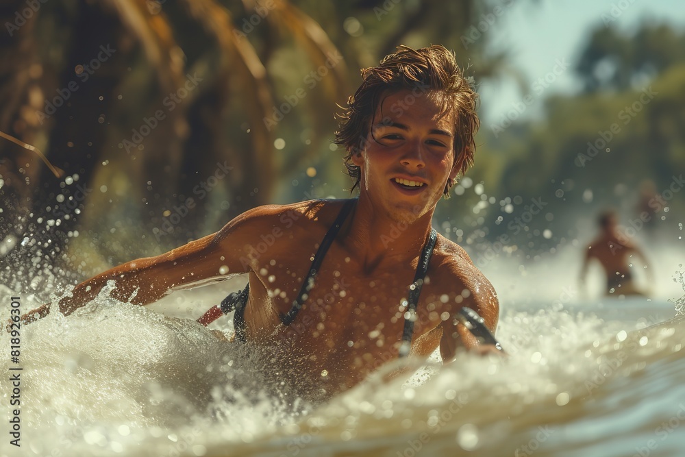 Obraz premium A group of friends enjoying a day of wakeboarding, the wakeboarder carving through the water with style