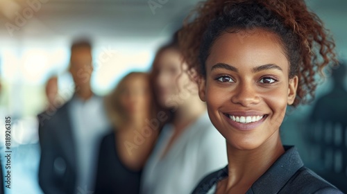 Diverse group of professionals with a woman in focus smiling confidently, representing teamwork and leadership in a corporate environment. Concept of diversity, teamwork, and leadership. 