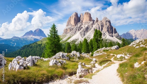 wonderful nature landscape amazind summer scenery in dolomite mountains hiking trail near falzarego pass view on alpine highlands with rmajestic mountains popular locations for travel and hiking photo