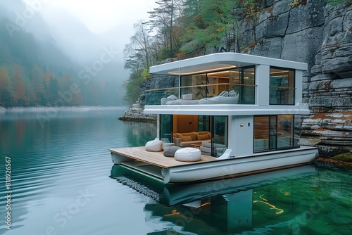 A luxurious houseboat anchored in a secluded cove, its deck offering a serene view of the surrounding wilderness