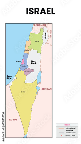 Israel Map. State and district map of Israel. Political map of Israel with country capital.