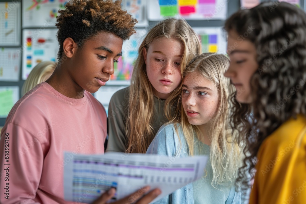 group of teenage students looking at the documents standing in classroom. ai generated group of teenage students looking at the documents standing in classroom. ai generated