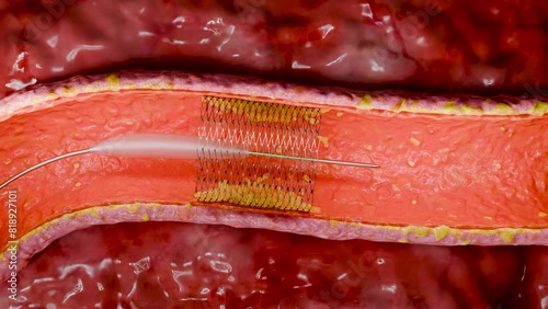 Blocked Artery, Collapsed balloon angioplasty procedure with Coronary stent in vein, blood flow circulation, vessels, cholesterol fat or atheroma blocking circulation, atherosclerosis, 3d render