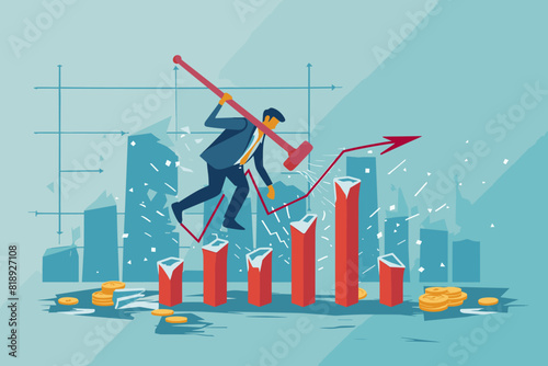 Businessman Breaking Falling Chart with Hammer to Fight Unemployment and Economic Crisis photo