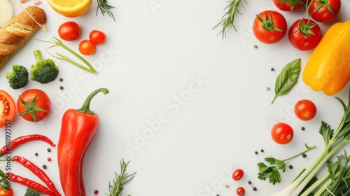 Top view image of various fresh vegetables and herbs creatively arranged on a white surface with space in the middle