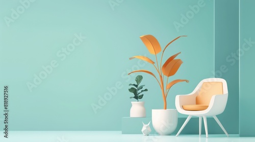 This image showcases a minimalist interior design featuring a stylish chair, decorative plants, and a serene blue wall The setting exudes simplicity and modernism