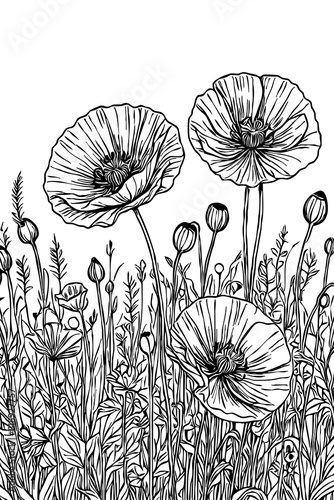 Field poppy. Black and white line art. T-shirt print  tattoo design. Generated by Ai