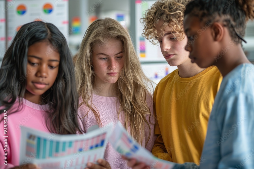 group of teenage students looking at the documents standing in classroom. ai generated group of teenage students looking at the documents standing in classroom. ai generated