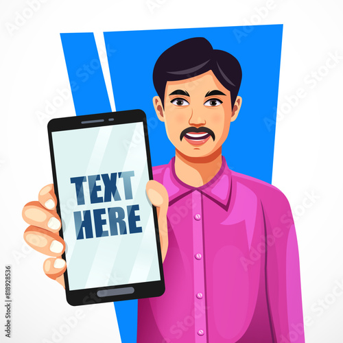 Indian rural man raises his hand to show a blank screen on a mobile phone to display an advertisement