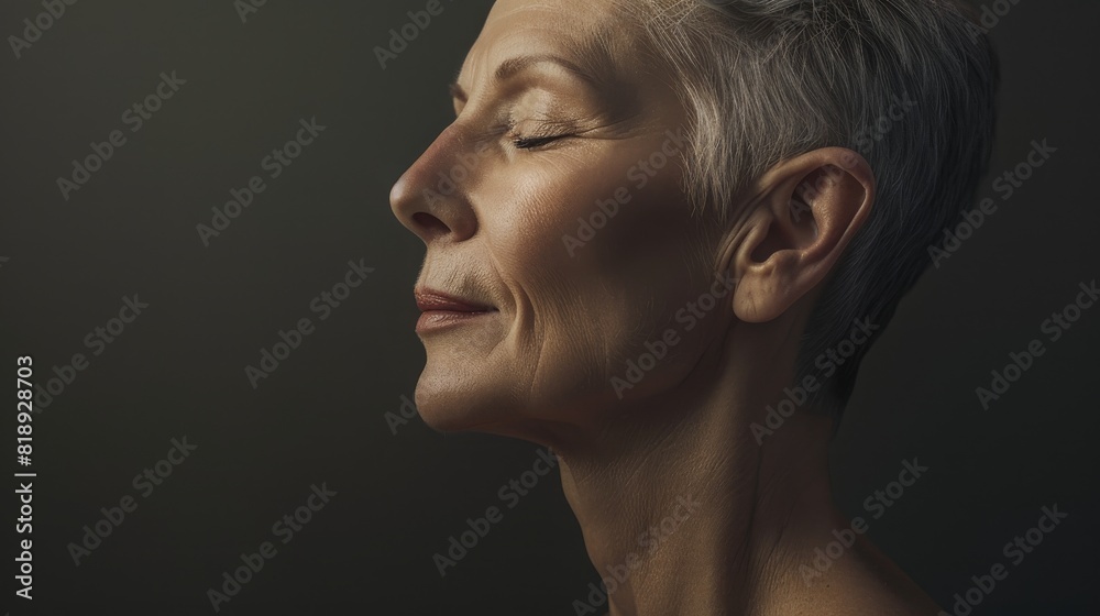 Elegant elderly woman with silver hair and a serene expression, portraying grace and wisdom. Concept of aging, beauty, and confidence.
