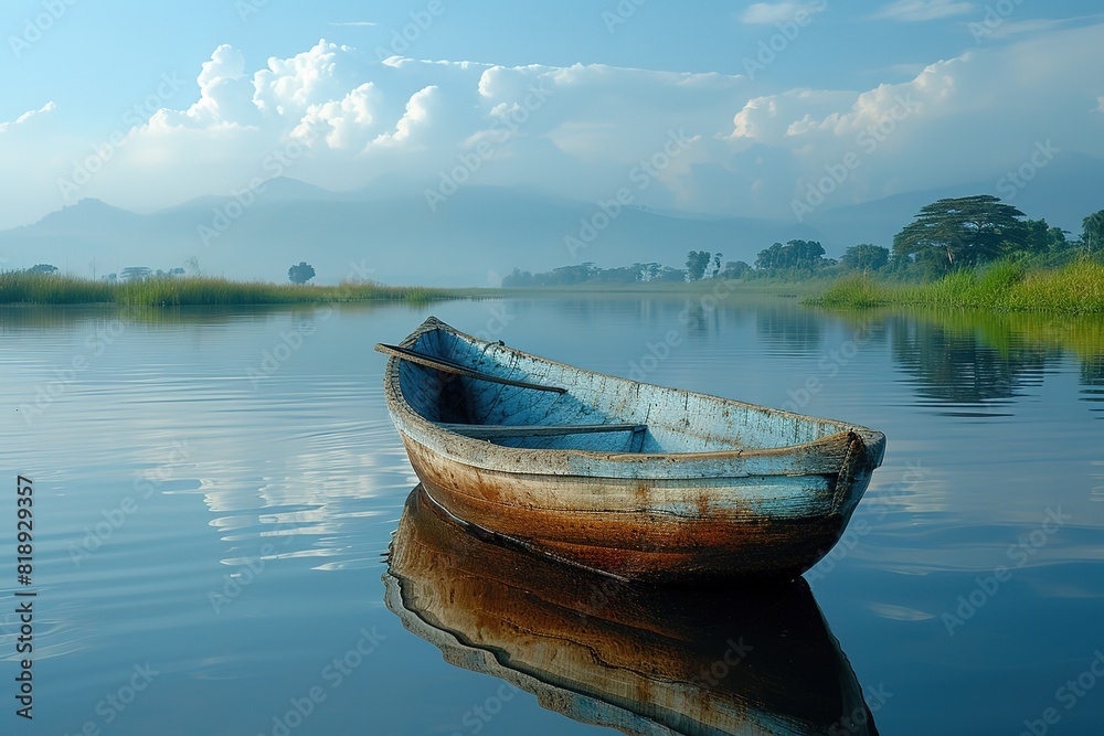 A traditional African fishing boat gliding silently across the still waters of a reflective lake