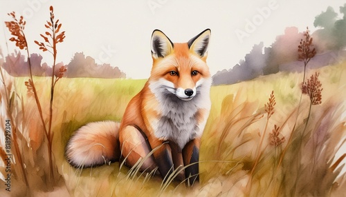 watercolor style cartoon illustration of red fox sitting in autumn grass field isolated on white background generative ai