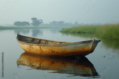 A traditional African fishing boat gliding silently across the still waters of a reflective lake