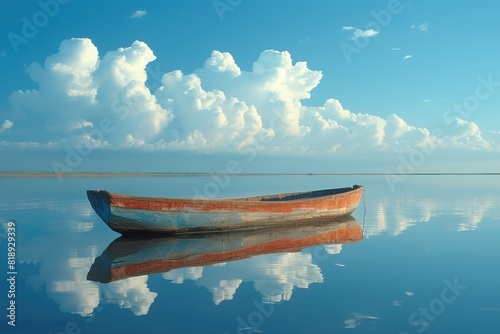 A traditional African fishing boat gliding silently across the still waters of a reflective lake