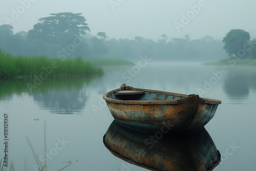A traditional African fishing boat gliding silently across the still waters of a reflective lake