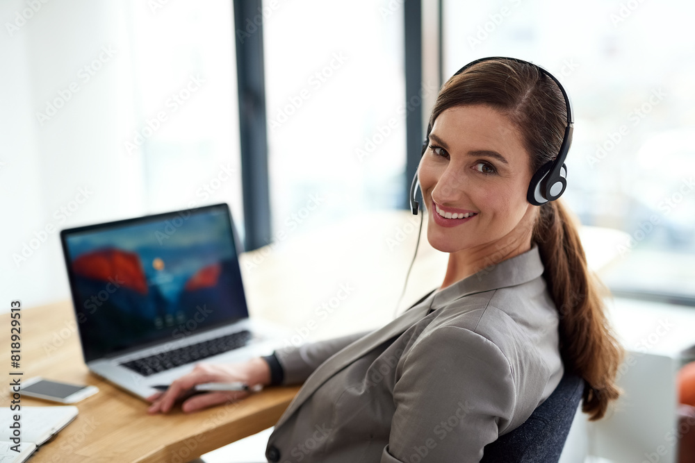 Portrait, headset and woman in call center with laptop for customer support, telemarketing and internet connection. Office, headphones and female agent for online faq with help and consulting career Portrait, headset and woman in call center with laptop for customer support, telemarketing and internet connection. Office, headphones and female agent for online faq with help and consulting career