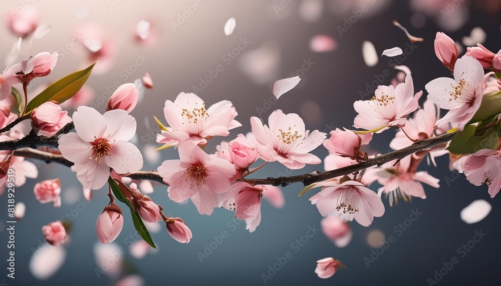 floral border of flying pink flowers and petals isolated