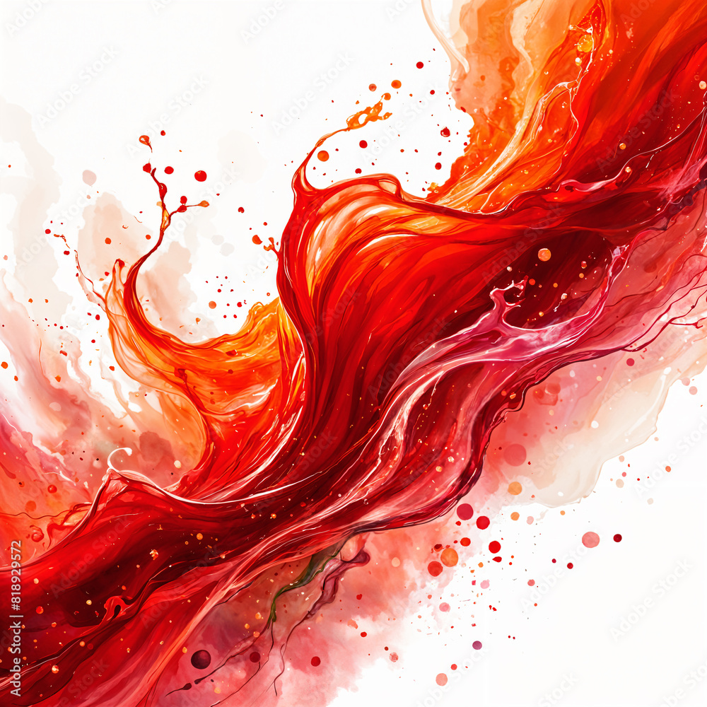 A vibrant and dynamic splash of red liquid, with droplets flying through the air against a white background.