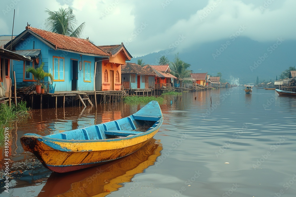 A traditional fishing village in Southeast Asia, with colorful boats and stilted houses reflecting in the calm waters