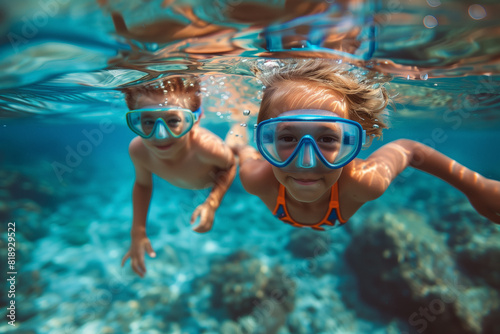 Underwater view of two children snorkeling in clear blue waters, with coral reefs in background. Kids are wearing snorkel masks and are swimming, enjoying the exploration. aquatic adventure in summer.