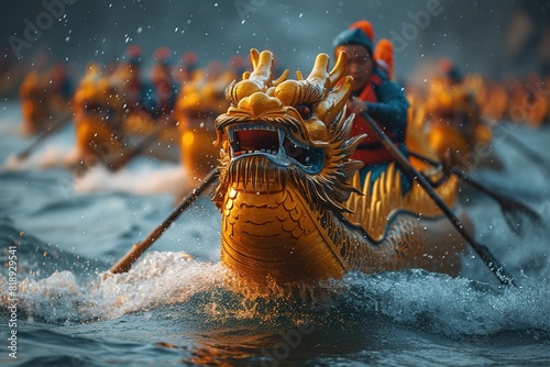 A traditional Chinese dragon boat race, with teams of rowers paddling fiercely in synchronized harmony