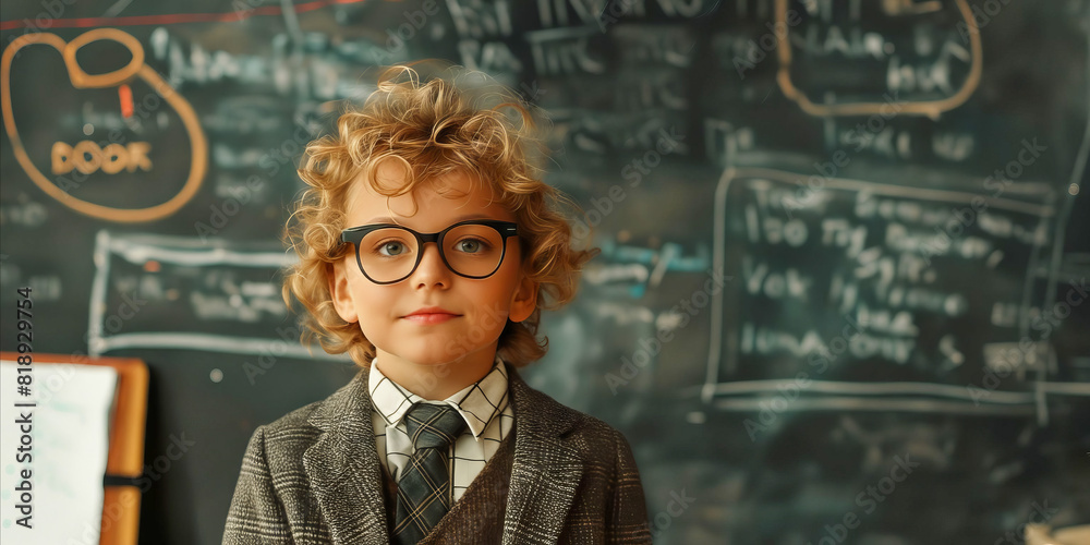 A young boy in glasses standing in front of a blackboard. A young boy in glasses standing in front of a blackboard.