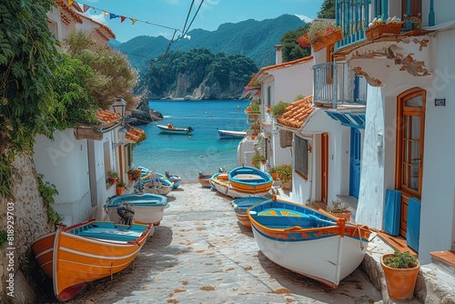 A traditional Mediterranean fishing village, with narrow cobblestone streets leading to a bustling harbor filled with colorful boats photo