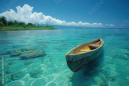 A traditional Polynesian outrigger canoe being paddled gracefully across the turquoise waters of a tropical lagoon