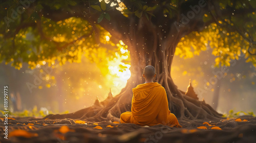 A monk sitting under a tree in the sun.
