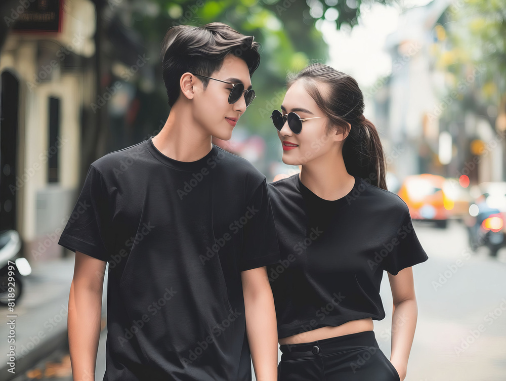 A young couple in black t - shirts walking down the street. A young couple in black t - shirts walking down the street.