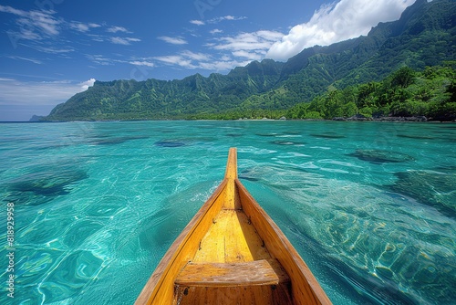 A traditional Polynesian outrigger canoe being paddled gracefully across the turquoise waters of a tropical lagoon © create