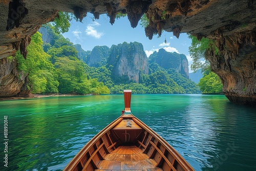 A traditional Thai longtail boat making its way through a maze of limestone karsts in a serene bay photo
