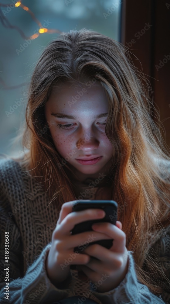 Teenage Girl Experiencing Anxiety from Cyberbullying on Social Media
