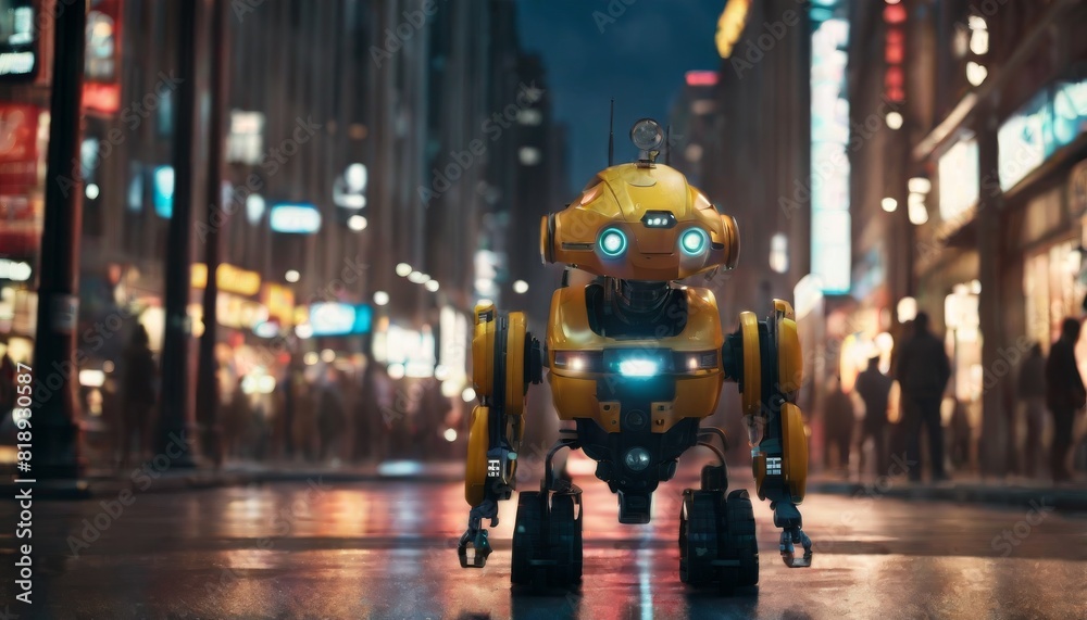 Naklejka premium A yellow autonomous robot stands out among a crowd on a bustling city street at night, under glowing neon lights.. AI Generation