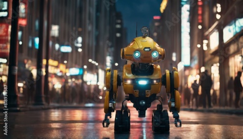 A yellow autonomous robot stands out among a crowd on a bustling city street at night, under glowing neon lights.. AI Generation