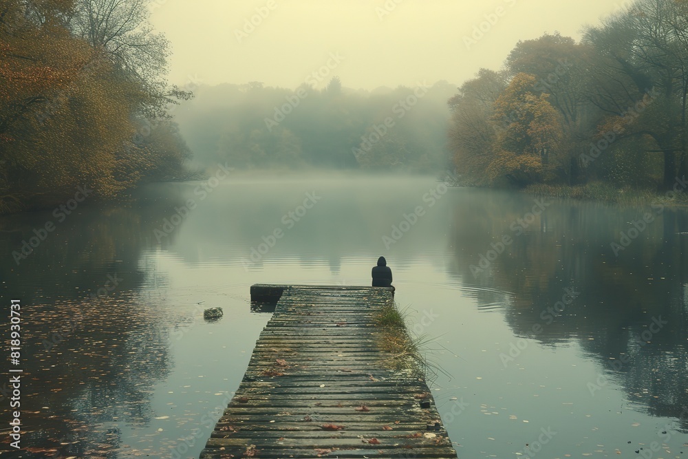 Naklejka premium A tranquil riverbank scene with a wooden pier stretching into the water, a lone fisherman patiently waiting for a catch