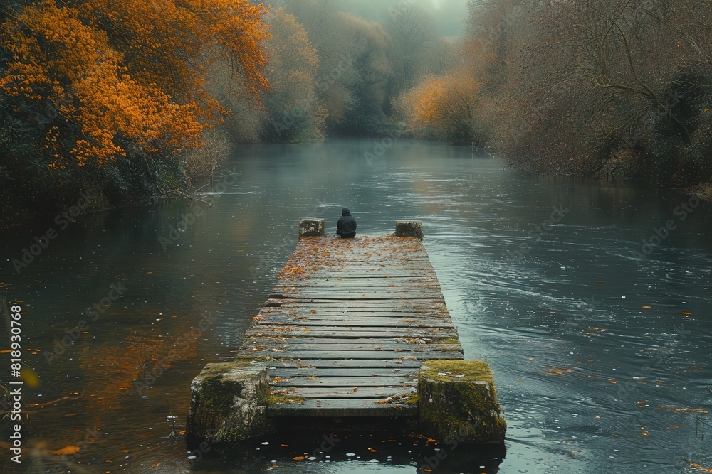 Naklejka premium A tranquil riverbank scene with a wooden pier stretching into the water, a lone fisherman patiently waiting for a catch