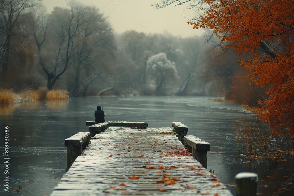 Naklejka premium A tranquil riverbank scene with a wooden pier stretching into the water, a lone fisherman patiently waiting for a catch