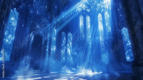 Mystical blue hall with bright light