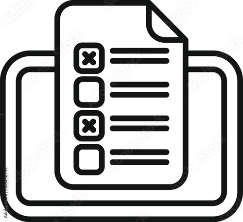 Black and white clipboard with checklist icon in line art vector illustration, a simple and efficient organizational tool for managing tasks and responsibilities in the office