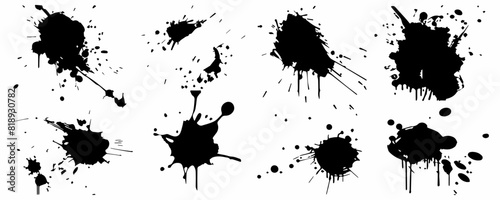 Black ink spots set on white background. Ink illustration. Splash shapes set.