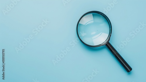 Magnifying glass on a light blue background, emphasizing the theme of investigation and discovery. Concept of search, focus, and clarity. 