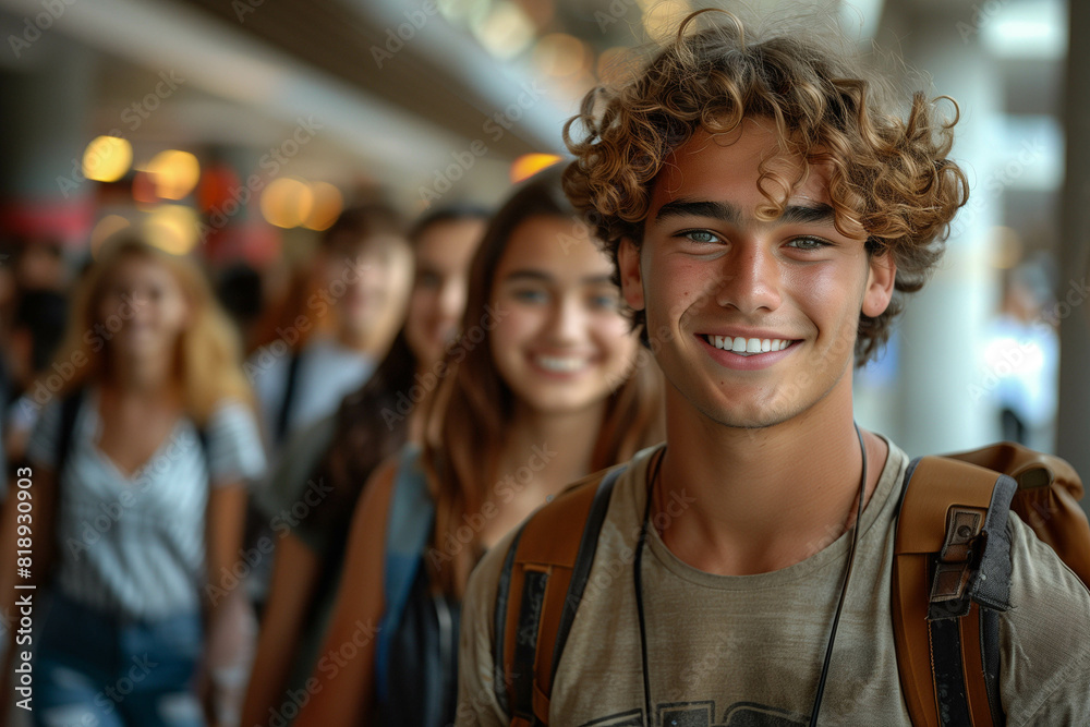 A group of smiling multiethnic students walking on the street, with one student in focus and three more behind him. The young man is wearing casual and has curly hair. A group of smiling multiethnic students walking on the street, with one student in focus and three more behind him. The young man is wearing casual and has curly hair.
