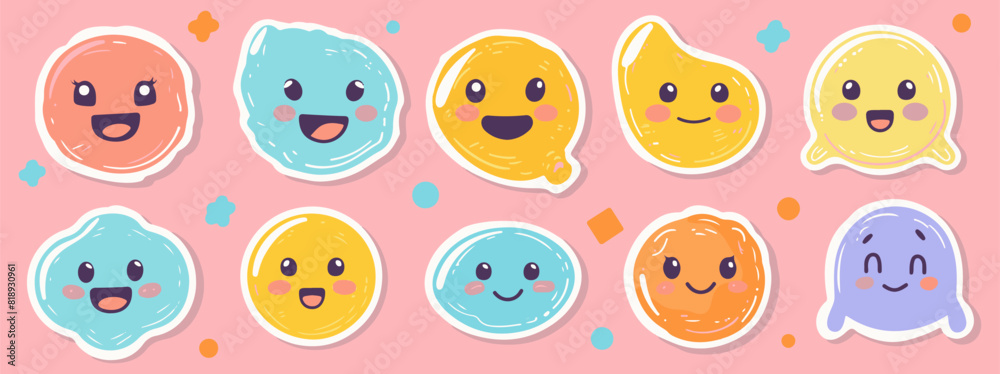 Colorful set of smiling face labels and retro sticker shapes, featuring funny characters and quotes. Colorful set of smiling face labels and retro sticker shapes, featuring funny characters and quotes.