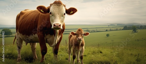 Copy space image of a Parthenais beef cow nursing its calf in a pasture facing the camera photo