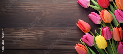 A vibrant display of tulips positioned on a wooden table creating an appealing copy space image