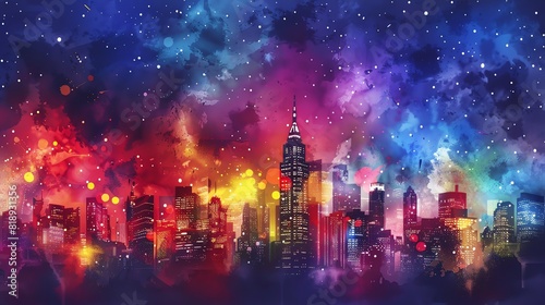 A city skyline illuminated by rainbow lights for pride, sparkling stars in the night sky, dynamic watercolor splashes
