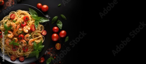 A top down view of a spaghetti pasta dish with shrimp cherry tomatoes olive oil and parsley The dish is placed on a gray table with a blank area for additional content