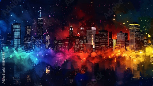 A city skyline illuminated by rainbow lights for pride  sparkling stars in the night sky  dynamic watercolor splashes