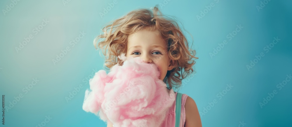 Fototapeta premium happy cute child eating cotton candy. copyspace. blue background